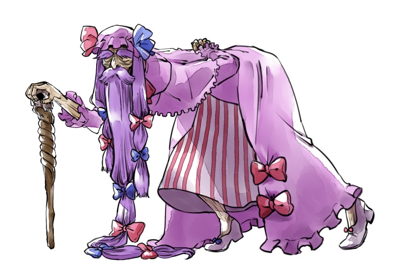 yukataro, patchouli knowledge, touhou, eyebrows, bad id, bad pixiv id, 1boy, aged up, beard, bent over, facial hair, genderswap, genderswap (ftm), male focus, mustache, old, old man, skull, solo, staff, what