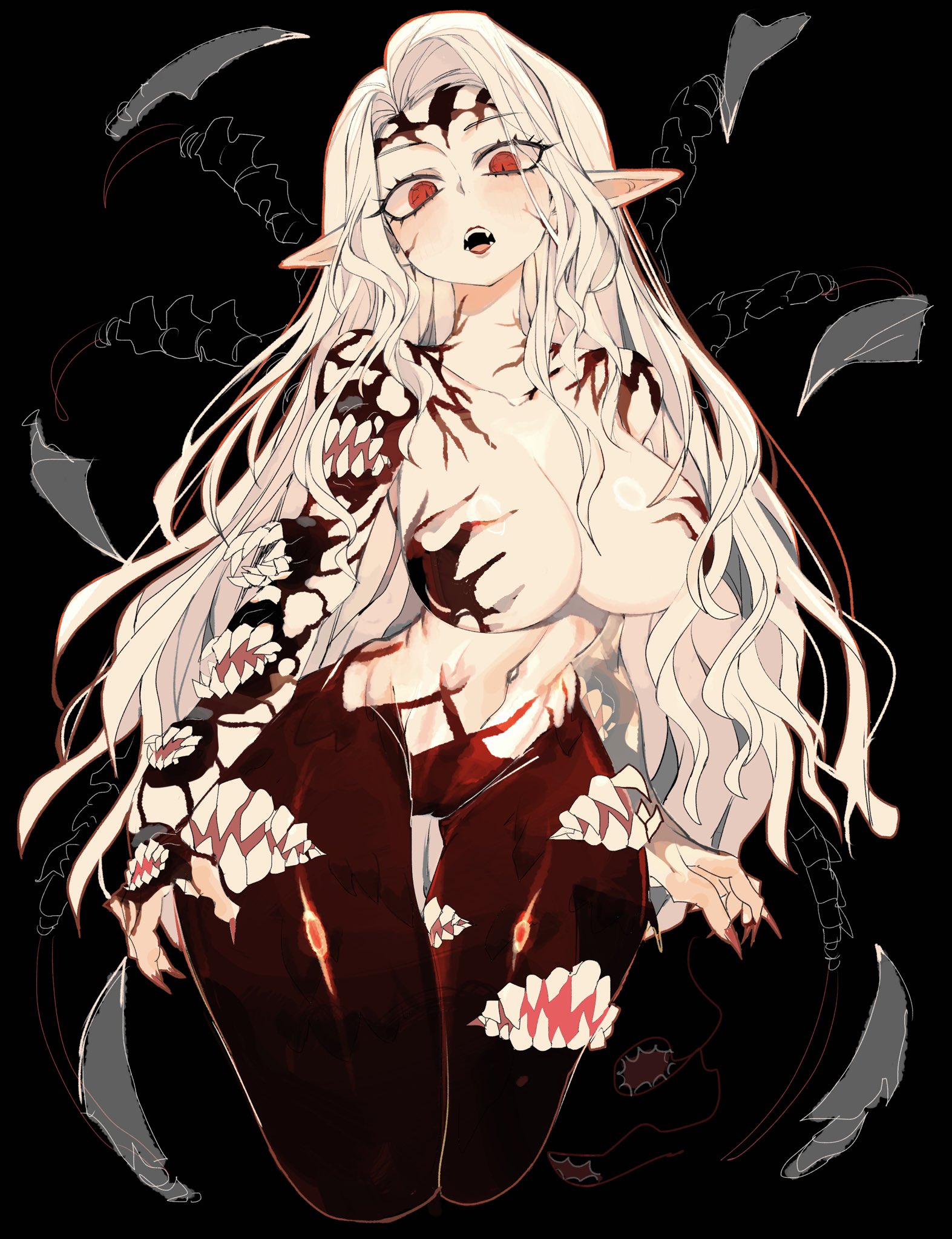 usa37107692, kibutsuji muzan, kibutsuji muzan (combat), kibutsuji muzan (female), kimetsu no yaiba, commentary request, highres, 1girl, black background, breasts, cleavage, cropped legs, demon girl, extra mouth, fingernails, large breasts, long hair, looking at viewer, navel, open mouth, pointy ears, red eyes, red nails, revealing clothes, sharp fingernails, sharp teeth, slit pupils, solo, teeth, white hair