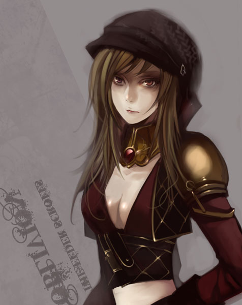 kyouka hatori, bad id, bad pixiv id, 1girl, armor, breasts, brown hair, choker, cleavage, female focus, gem, gloves, hat, jewelry, long hair, orange eyes, shoulder pads, solo