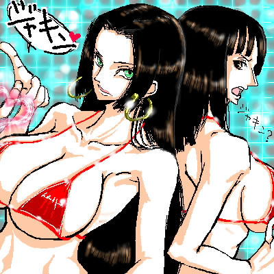 boa hancock, nico robin, one piece, lowres, translation request, 2girls, bikini, black eyes, black hair, breasts, cleavage, earrings, huge breasts, jewelry, large breasts, long hair, multiple girls, oekaki, swimsuit