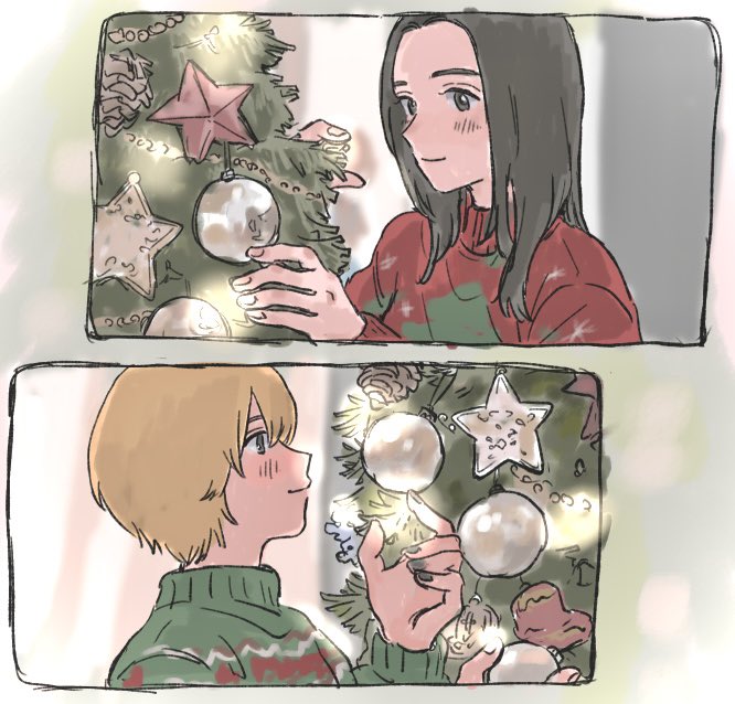 fukagawa mahiro, sugimoto chisato, baby walkure, commentary request, 2girls, black hair, blonde hair, christmas tree, green sweater, long hair, multiple girls, neppatsu (swdha3006), red sweater, short hair, sweater