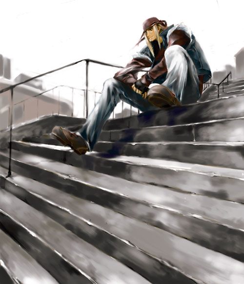 axl low, arc system works, guilty gear, 1boy, bandana, blonde hair, denim, fingerless gloves, gloves, jeans, male focus, pants, solo, stairs, vest