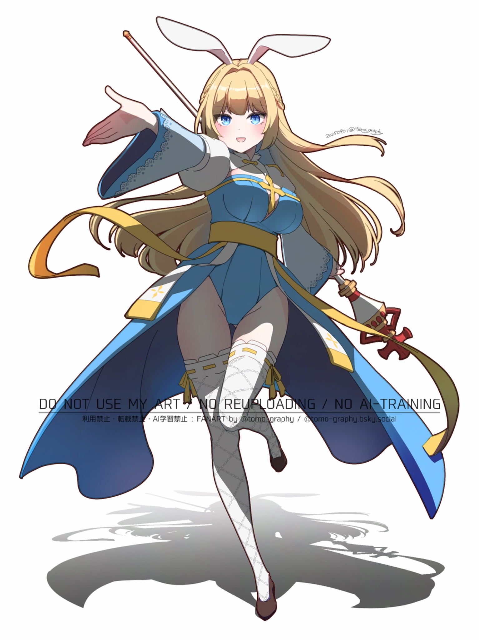 sakuraji tomoka, arch bishop (ragnarok online), ragnarok online, commentary request, highres, 1girl, animal ears, black shoes, blonde hair, blue dress, blue eyes, blue leotard, blush, breasts, bunny day, cleavage cutout, clothing cutout, cross, dress, fishnet thighhighs, fishnets, full body, holding, holding staff, juliet sleeves, large breasts, leotard, long sleeves, looking at viewer, open mouth, puffy sleeves, rabbit ears, sash, shoes, simple background, smile, solo, staff, standing, standing on one leg, thighhighs, two-tone dress, watermark, white background, white dress, white thighhighs, yellow sash