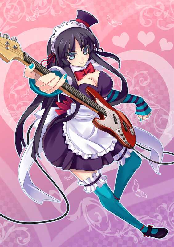 kaizeru, akiyama mio, k-on!, 00s, 1girl, alternate costume, apron, aqua nails, breasts, cable, cleavage, enmaided, female focus, hat, long hair, maid, maid apron, mini hat, mini top hat, nail polish, solo, thighhighs, top hat, very long hair, zettai ryouiki