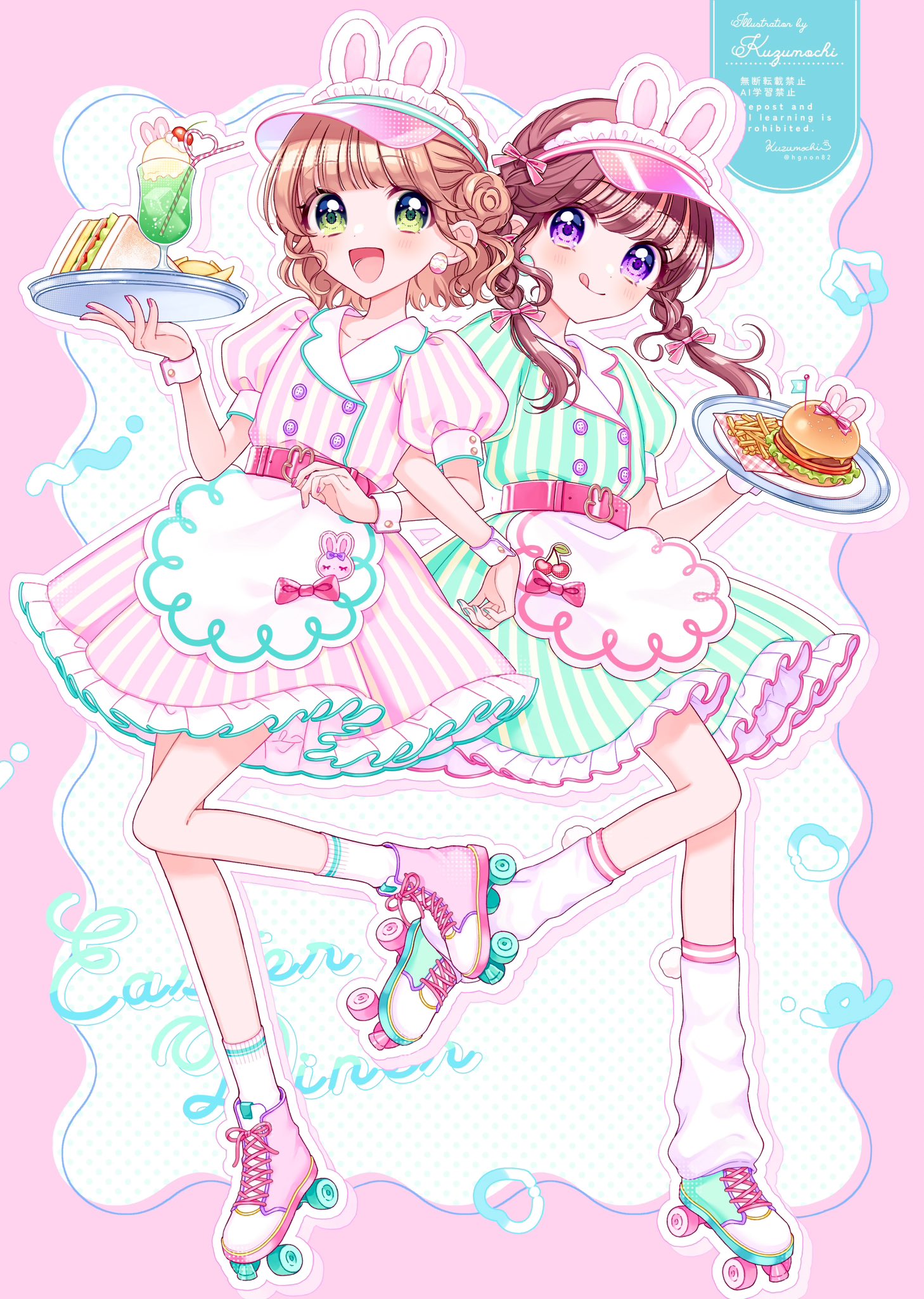 kuzumochi (hgnon82), original, commentary, english commentary, highres, 2girls, :d, :q, animal ears, apron, blush, border, bow, braid, brown hair, burger, buttons, closed mouth, cup, double-breasted, dress, drinking glass, drinking straw, food, french fries, frilled dress, frills, full body, green dress, green eyes, green shoes, hair bow, hat, holding, holding tray, ice cream, ice cream float, long hair, looking at viewer, maid headdress, melon soda, multiple girls, open mouth, outline, outside border, pink border, pink bow, pink dress, pink hat, pink shoes, polka dot, polka dot background, purple eyes, rabbit ears, roller skates, sandwich, shoes, short hair, short sleeves, signature, skates, smile, socks, standing, standing on one leg, striped clothes, striped dress, tongue, tongue out, tray, twin braids, twitter username, vertical-striped clothes, vertical-striped dress, visor cap, waist apron, waitress, watermark, white apron, white background, white outline, white socks