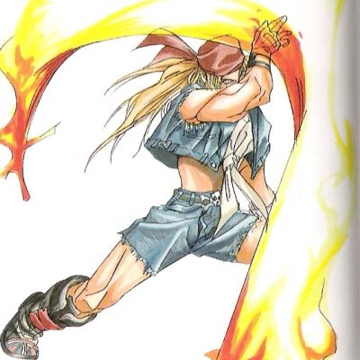axl low, arc system works, guilty gear, lowres, official art, scan, 1boy, bandana, blonde hair, boots, chain, denim, denim shorts, fingerless gloves, fire, gloves, male focus, manly, shirt, shorts, solo, tied shirt, vest