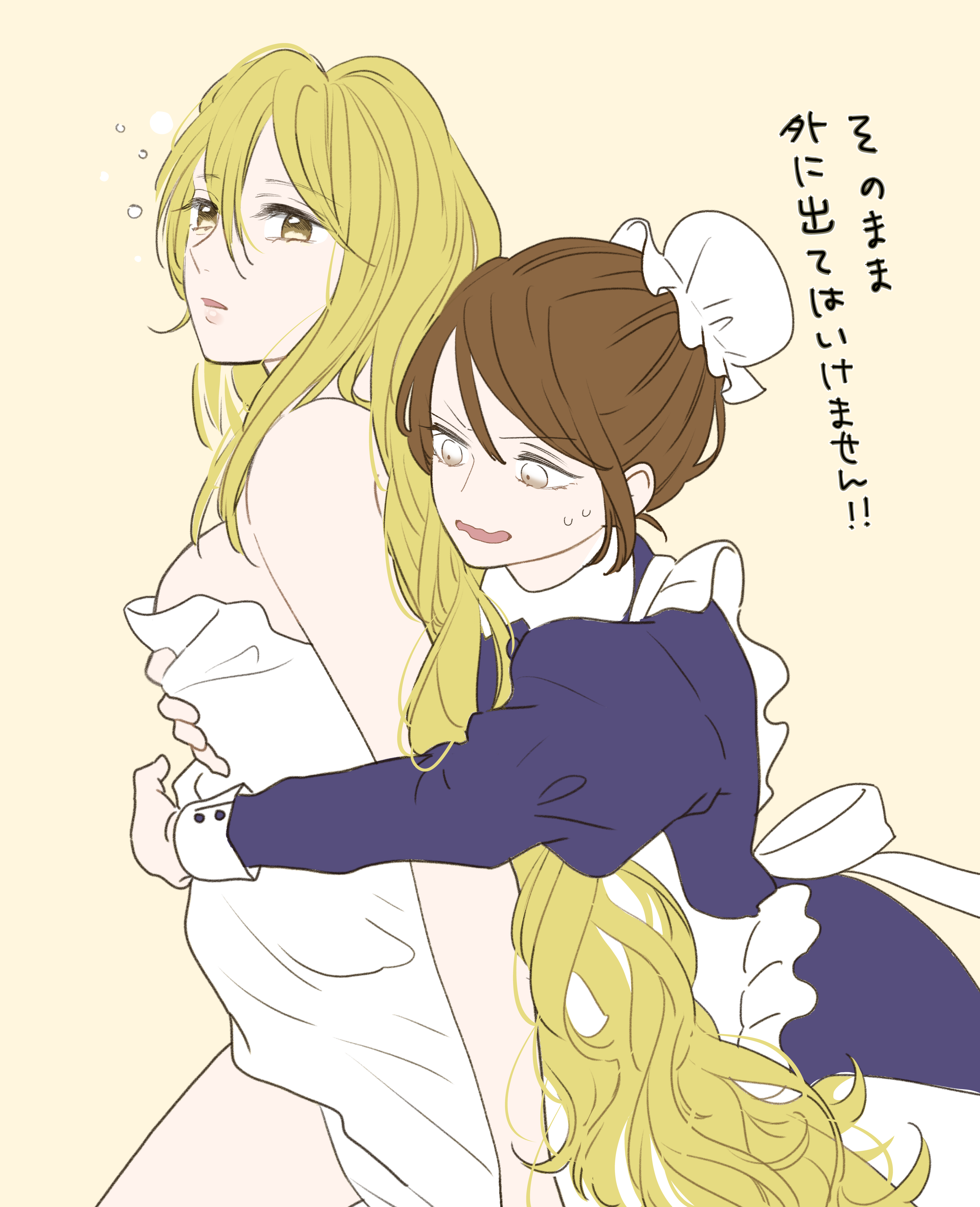 child-elie, original, absurdres, commentary request, highres, translation request, 2girls, apron, blonde hair, blue dress, brown eyes, brown hair, bun cover, dress, dressing another, hair between eyes, hair bun, long bangs, long hair, long sleeves, maid, maid apron, multiple girls, open mouth, parted lips, simple background, single hair bun, squeans, sweat, v-shaped eyebrows, very long hair, waking up, wavy hair, wavy mouth, yellow background