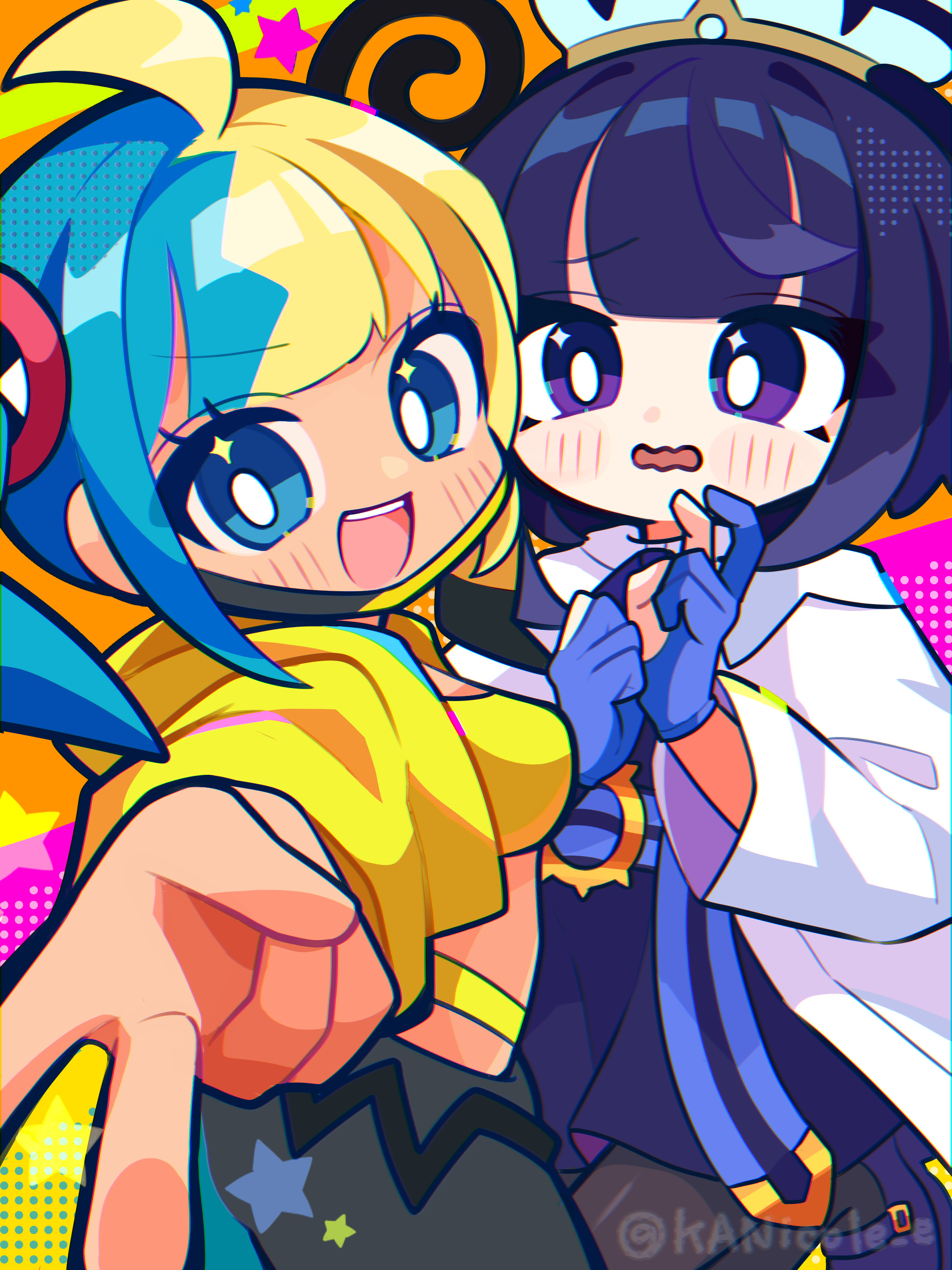 nikoru, canari (pokemon), gwynn (pokemon), nintendo, pokemon, pokemon legends: z-a, 2girls, dark-skinned female, dark skin, multicolored hair, multiple girls, purple eyes, purple hair, two-tone hair