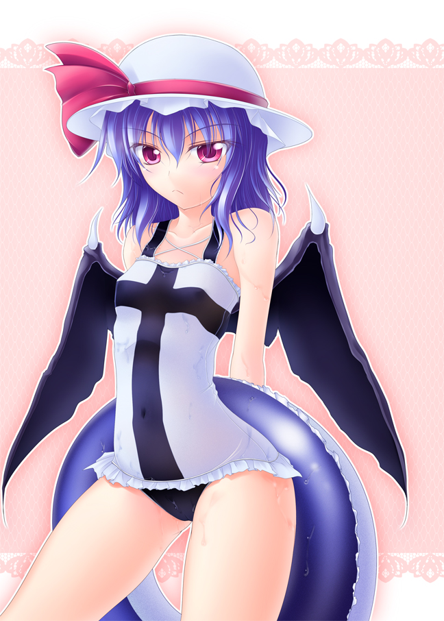 gisyo, remilia scarlet, touhou, bad id, bad pixiv id, 1girl, :<, bat wings, blue hair, demon wings, female focus, flat chest, frown, hat, hat ribbon, innertube, one-piece swimsuit, red eyes, ribbon, slit pupils, solo, swim ring, swimsuit, wet, wings