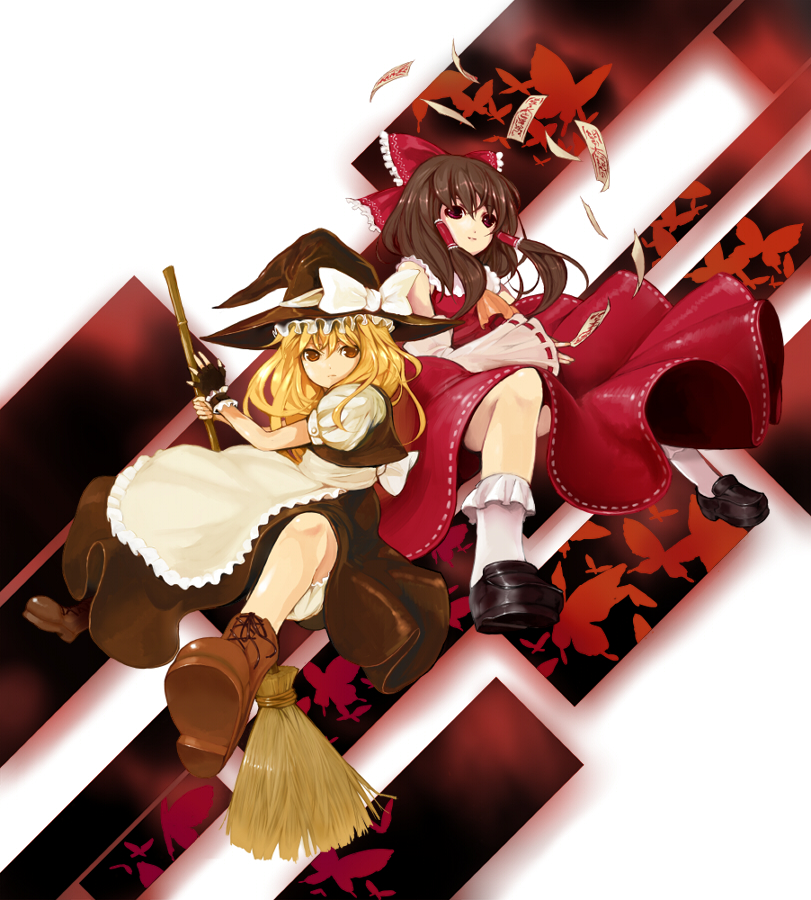 kirin (tofu), kirin tofu, hakurei reimu, kirisame marisa, touhou, 2girls, apron, blonde hair, broom, brown hair, female focus, hat, multiple girls, witch, witch hat