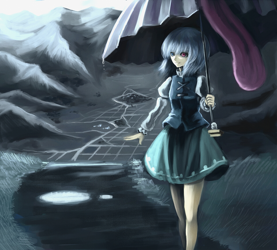 parsley-f, tatara kogasa, touhou, bad id, bad pixiv id, 1girl, blue hair, female focus, field, heterochromia, karakasa obake, landscape, mountain, outdoors, plant, road, sky, smile, solo, standing, tongue, umbrella