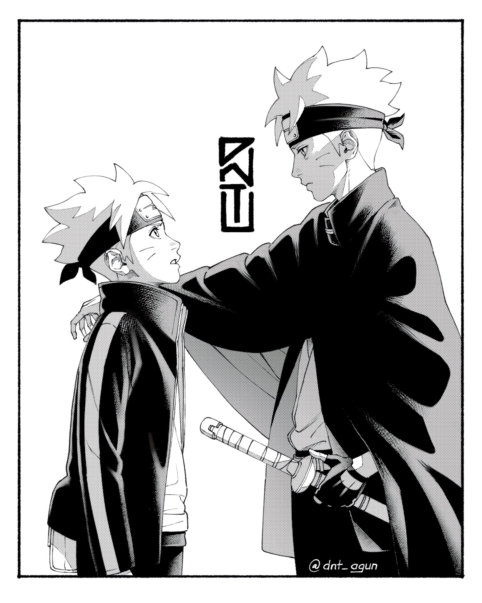 dnt agun, uzumaki boruto, boruto: naruto next generations, boruto: two blue vortex, naruto (series), commentary, english commentary, highres, 2boys, cloak, dual persona, facial mark, fingerless gloves, forehead protector, frown, gloves, greyscale, headband, jacket, male focus, monochrome, multiple boys, pouch, sheath, sheathed, signature, single fingerless glove, sword, twitter username, weapon, whisker markings