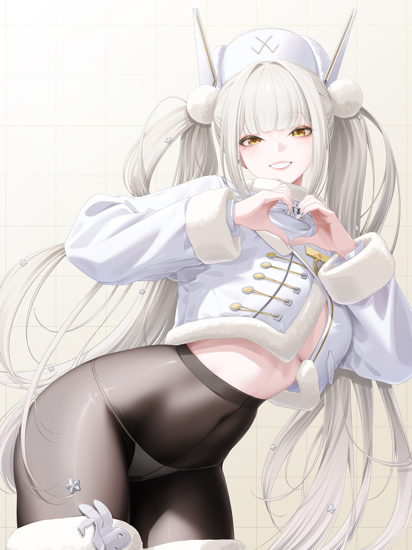myomomoo, blanc (fortune express) (nikke), blanc (nikke), goddess of victory: nikke, commentary, english commentary, highres, 1girl, breasts, brown pantyhose, covered navel, cowboy shot, cropped jacket, fur trim, grin, gusset, hat, headgear, heart, heart hands, high-waist pantyhose, jacket, large breasts, long hair, long sleeves, looking at viewer, mole, mole under eye, official alternate costume, panties, panties under pantyhose, pantyhose, simple background, smile, solo, string panties, two side up, underwear, very long hair, white background, white hat, white jacket, white panties, yellow eyes