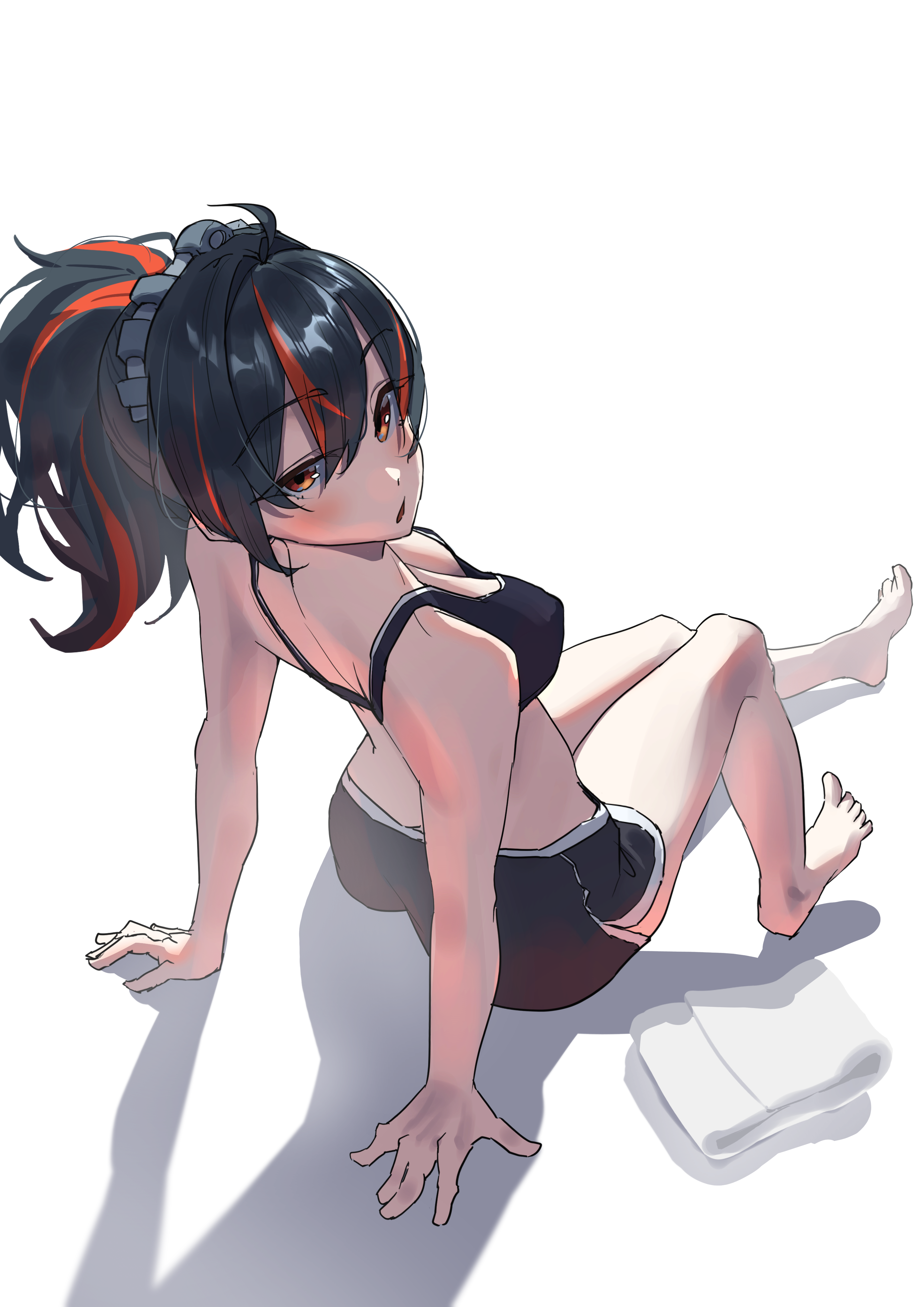 tora (kumo sakamoto), zhu yuan, zenless zone zero, absurdres, commentary request, highres, 1girl, alternate costume, bare shoulders, barefoot, black bra, black hair, black shorts, bra, breasts, collarbone, dolphin shorts, full body, hair between eyes, hairband, half-closed eye, knee up, large breasts, leaning back, looking at viewer, looking back, metal hairband, multicolored hair, open mouth, orange eyes, ponytail, red hair, red streaks, shadow, shorts, simple background, sitting, solo, streaked hair, towel, underwear, white background