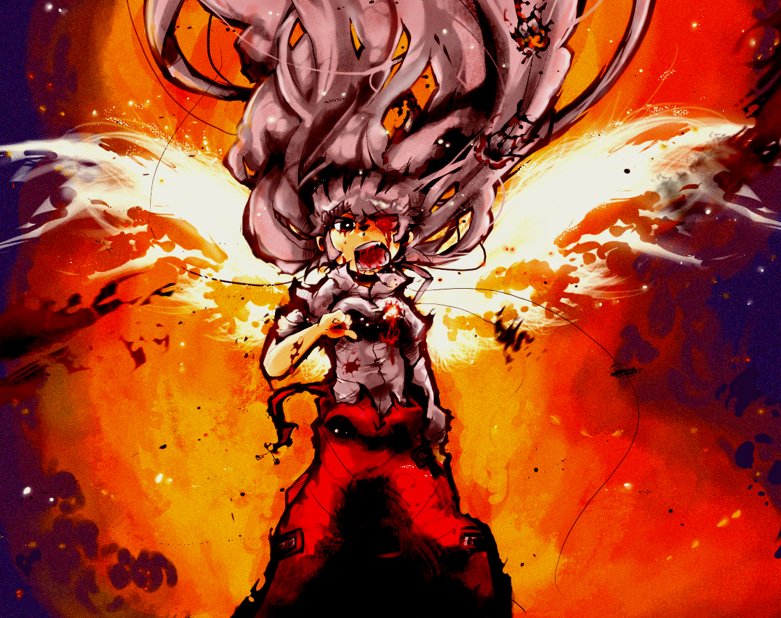 terada tera, fujiwara no mokou, touhou, bad id, bad pixiv id, 1girl, blood, female focus, long hair, solo, standing