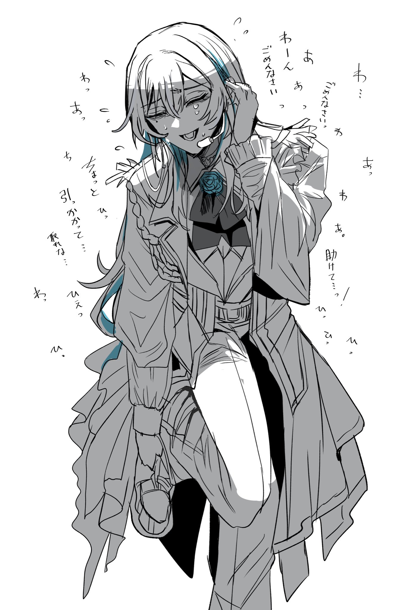 gunjyou (gunjyou 00), chando (ado), ado (utaite), commentary request, highres, translation request, 1girl, blue hair, closed eyes, coat, greyscale, long hair, long sleeves, microphone, mole, mole under eye, monochrome, nervous sweating, open mouth, pants, simple background, solo, spot color, sweat, white background