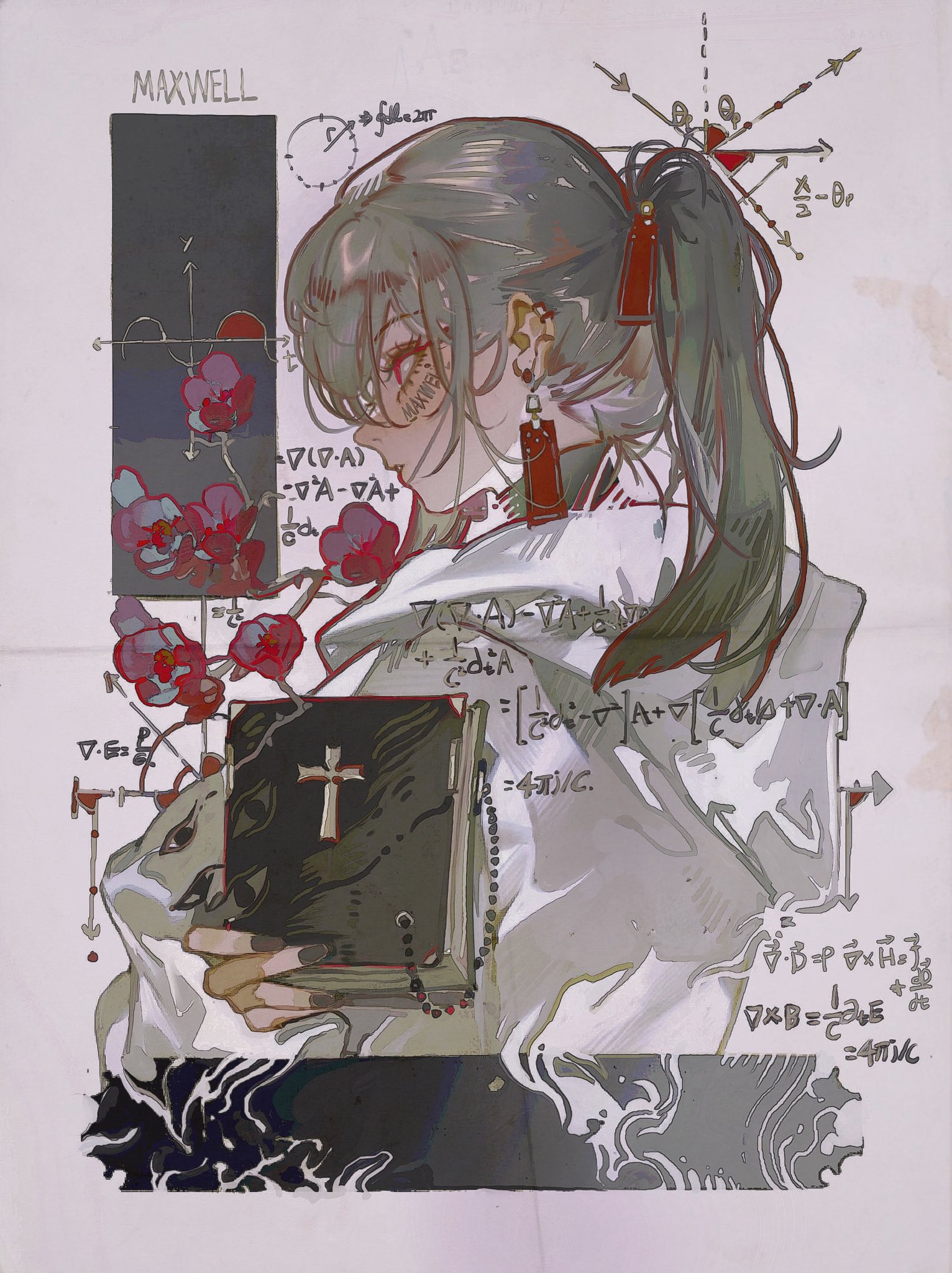 john kafka, original, commentary, highres, symbol-only commentary, 1girl, animal ear piercing, black nails, book, earrings, equation, grey hair, hood, hood down, hoodie, jewelry, long hair, mole, mole under eye, nail polish, open mouth, ponytail, red eyes, solo, tassel, tassel earrings, white hoodie