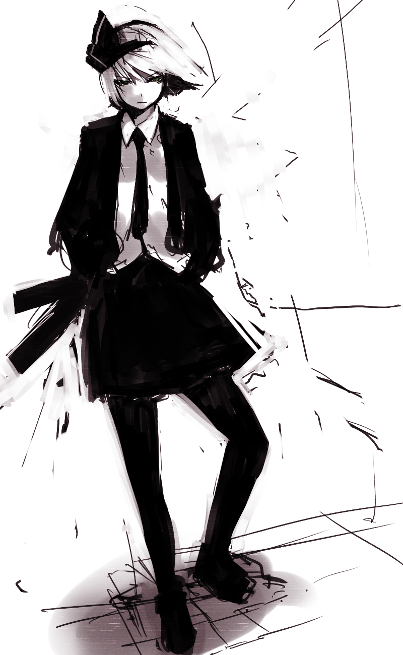 un-known (ninesix), konpaku youmu, touhou, bad id, bad pixiv id, highres, 1girl, female focus, green eyes, monochrome, necktie, pantyhose, sketch, solo, spot color, sword, weapon