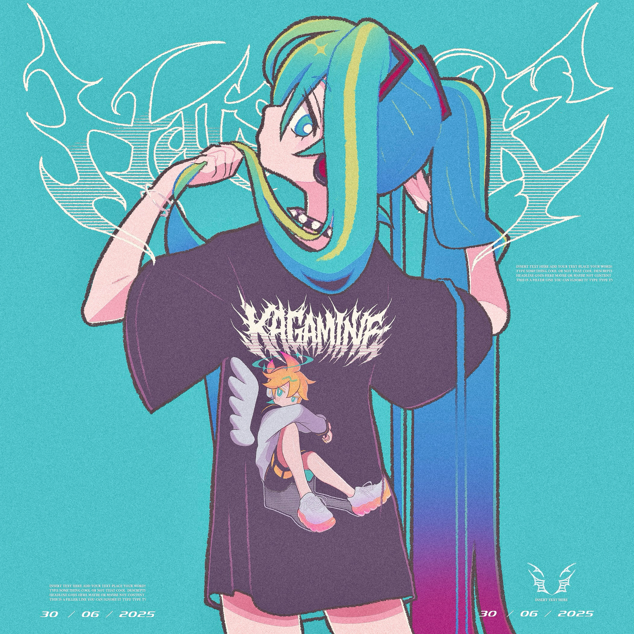 manmes 214, hatsune miku, kagamine len, vocaloid, commentary request, highres, 1girl, aqua background, aqua eyes, aqua hair, arms up, blue hair, bright pupils, character name, collar, cowboy shot, dated, eyelashes, from behind, gradient hair, hair between eyes, long hair, looking at viewer, looking back, loose clothes, loose shirt, multicolored hair, pink hair, print shirt, shaft look, shirt, solo, spiked collar, spikes, twintails, very long hair, white pupils