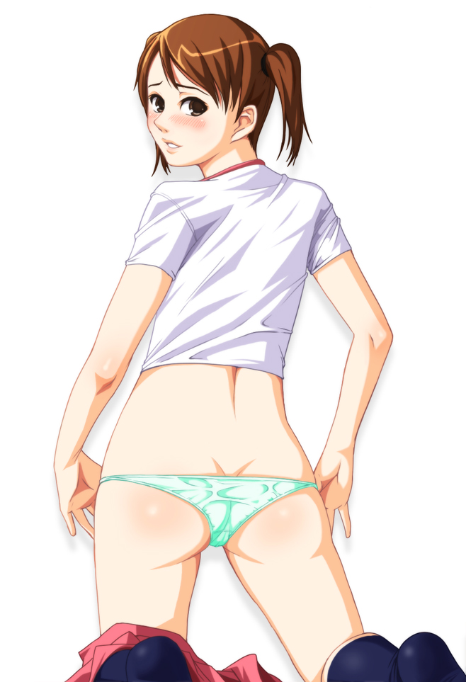 mishima toshihiro, original, bad id, bad pixiv id, 1girl, ass, blush, brown eyes, brown hair, clothes pull, female focus, kneehighs, kneeling, looking back, lowleg, lowleg panties, panties, school uniform, short hair, short twintails, skirt, skirt pull, socks, solo, twintails, underwear