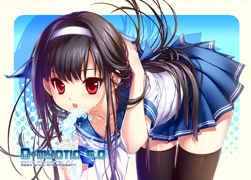 shirahane nao, original, bad id, bad pixiv id, 1girl, bent over, black thighhighs, female focus, hair flip, hairband, halftone, halftone background, long hair, red eyes, school uniform, solo, thighhighs, very long hair, zettai ryouiki