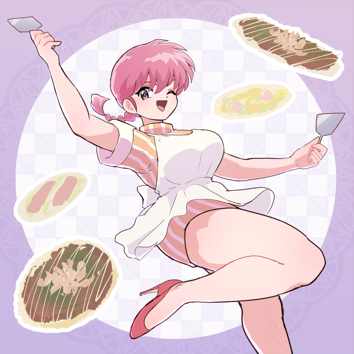 ranma-chan, saotome ranma, ranma 1/2, tagme, 1girl, braid, braided ponytail, brown eyes, female focus, food, high heels, pink hair