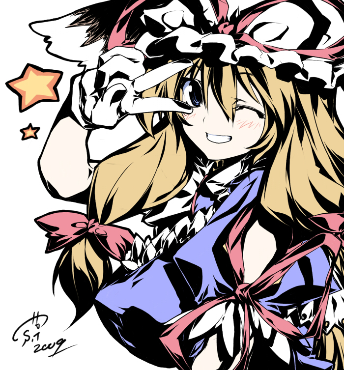 take shinobu, takesinobu, yakumo yukari, touhou, bad id, bad pixiv id, 1girl, blonde hair, blue eyes, female focus, gloves, grin, hair ribbon, hat, one eye closed, ribbon, salute, simple background, smile, solo, two-finger salute, upper body, v, white gloves, wink