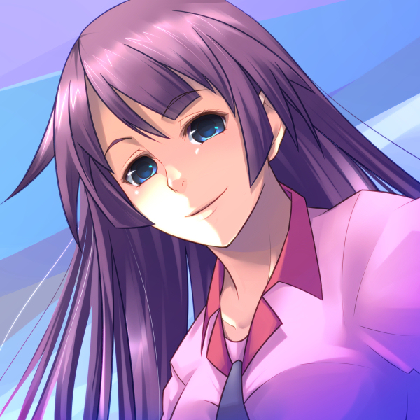 ygo (kintsuba), senjougahara hitagi, bakemonogatari, monogatari (series), bad id, bad pixiv id, 00s, 1girl, female focus, long hair, purple hair, school uniform, solo