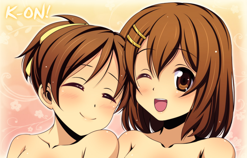 byuune, hirasawa ui, hirasawa yui, k-on!, 00s, 2girls, bare shoulders, blush, brown eyes, brown hair, closed eyes, completely nude, female focus, hair ornament, hairclip, happy, incest, multiple girls, nude, one eye closed, open mouth, ponytail, short hair, siblings, sisters, smile, topless female, wink, yuri