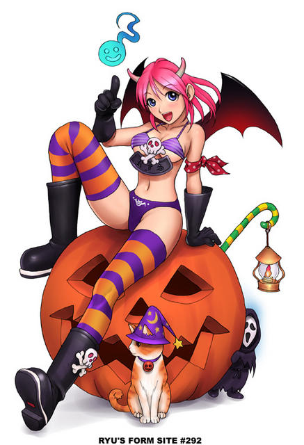 ryu (ryu's form site), duplicate, tagme, 1girl, bikini, bikini top only, black boots, boots, female focus, full body, halloween, jack-o'-lantern, orange thighhighs, pinup (style), purple bikini, purple thighhighs, shoes, sitting, solo, striped bikini, striped clothes, striped thighhighs, swimsuit, thighhighs