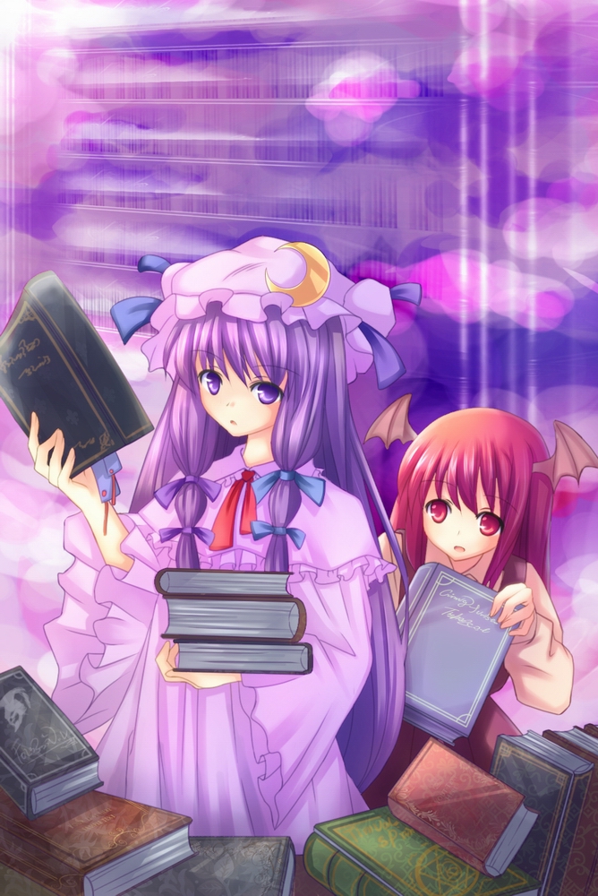 vinashyra, koakuma, patchouli knowledge, embodiment of scarlet devil, touhou, 2girls, blunt bangs, book, book stack, demon girl, dress, dust, female focus, hair ribbon, hat, head wings, indoors, lens flare, library, long hair, long sleeves, multiple girls, purple dress, purple eyes, purple hair, red eyes, red hair, ribbon, upper body, voile, wings