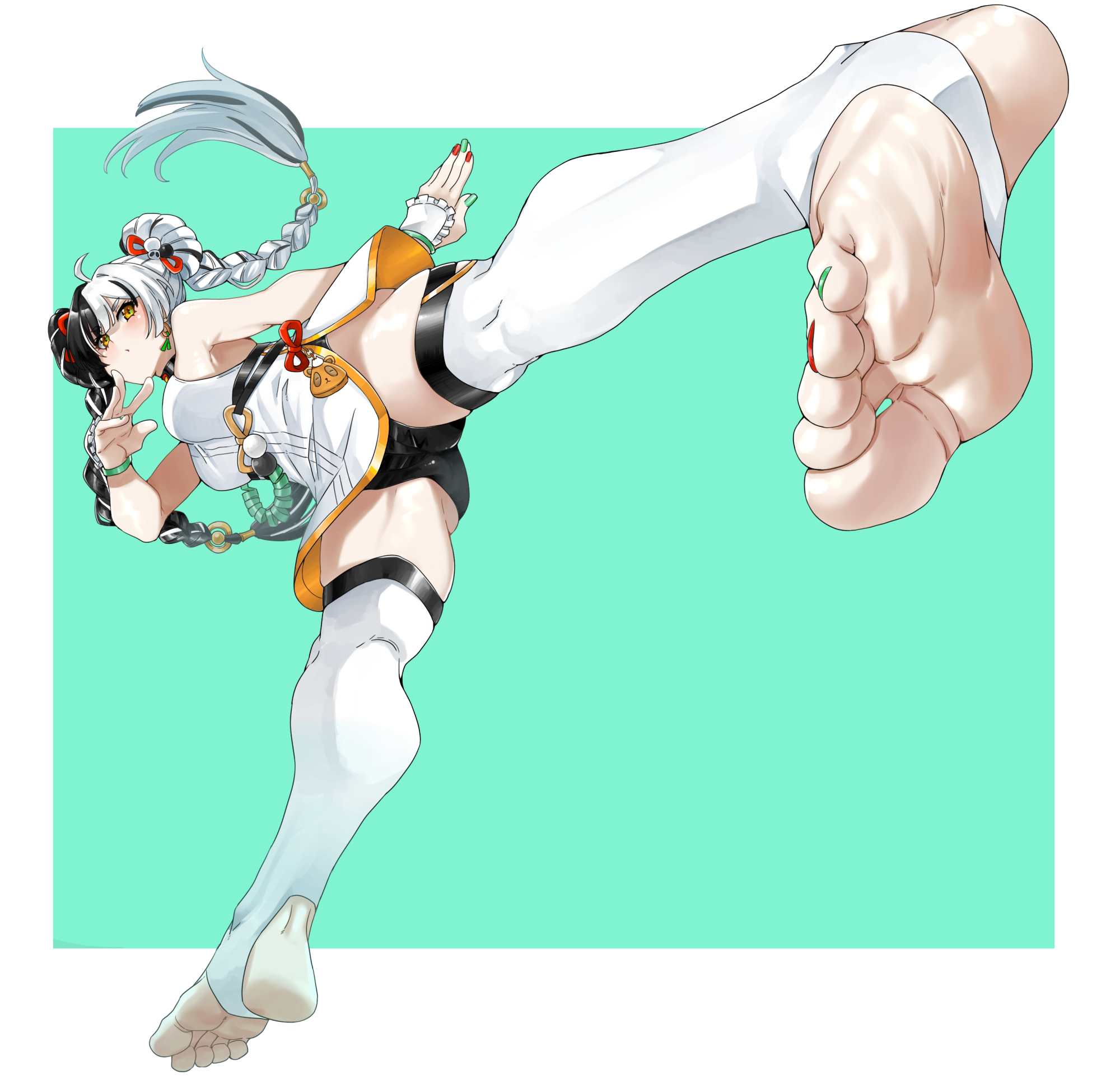 eiji (eiji), dialyn (zenless zone zero), zenless zone zero, commentary request, highres, 1girl, ahoge, aqua nails, bare shoulders, black hair, black shorts, border, braid, braided twintails, breasts, cable, china dress, chinese clothes, double bun, dress, earrings, feet, foot focus, full body, green background, hair bun, hair extensions, hair ornament, high kick, jewelry, kicking, leg up, long hair, medium breasts, multicolored hair, multicolored nails, nail polish, open mouth, panda hair ornament, pelvic curtain, red nails, ring hair extensions, shorts, solo, split-color hair, standing, standing on one leg, stirrup legwear, thighhighs, toeless legwear, toenail polish, toenails, white border, white hair, white thighhighs, yellow eyes