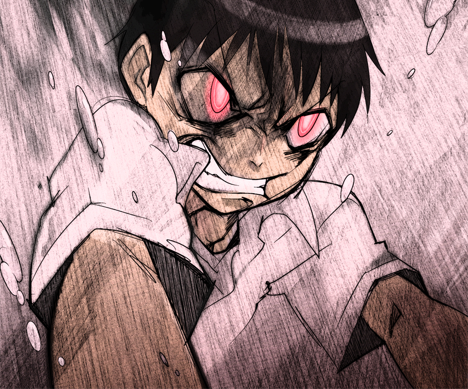 tokomichi, ikari shinji, evangelion: 2.0 you can (not) advance, neon genesis evangelion, rebuild of evangelion, bad id, bad pixiv id, 00s, 1boy, bubble, crazy eyes, glowing, glowing eyes, male focus, red eyes, solo