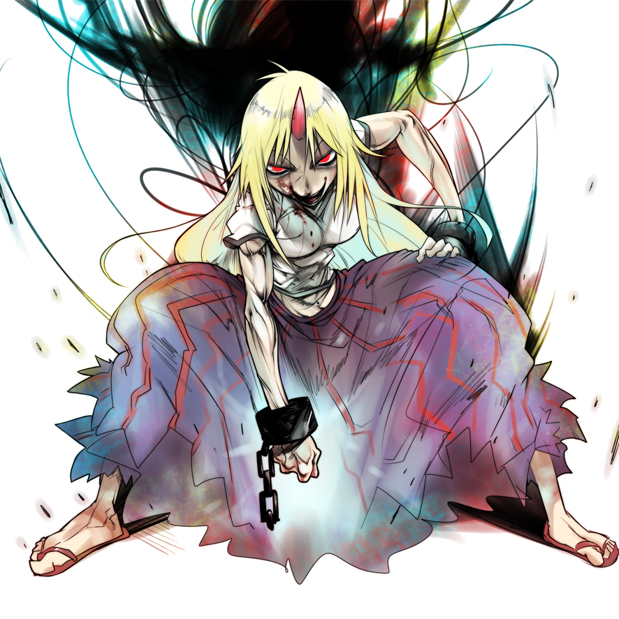 tokomichi, hoshiguma yuugi, touhou, bad id, bad pixiv id, 1girl, blonde hair, blood, cuffs, female focus, horns, muscular, oni, red eyes, shackles, single horn, solo