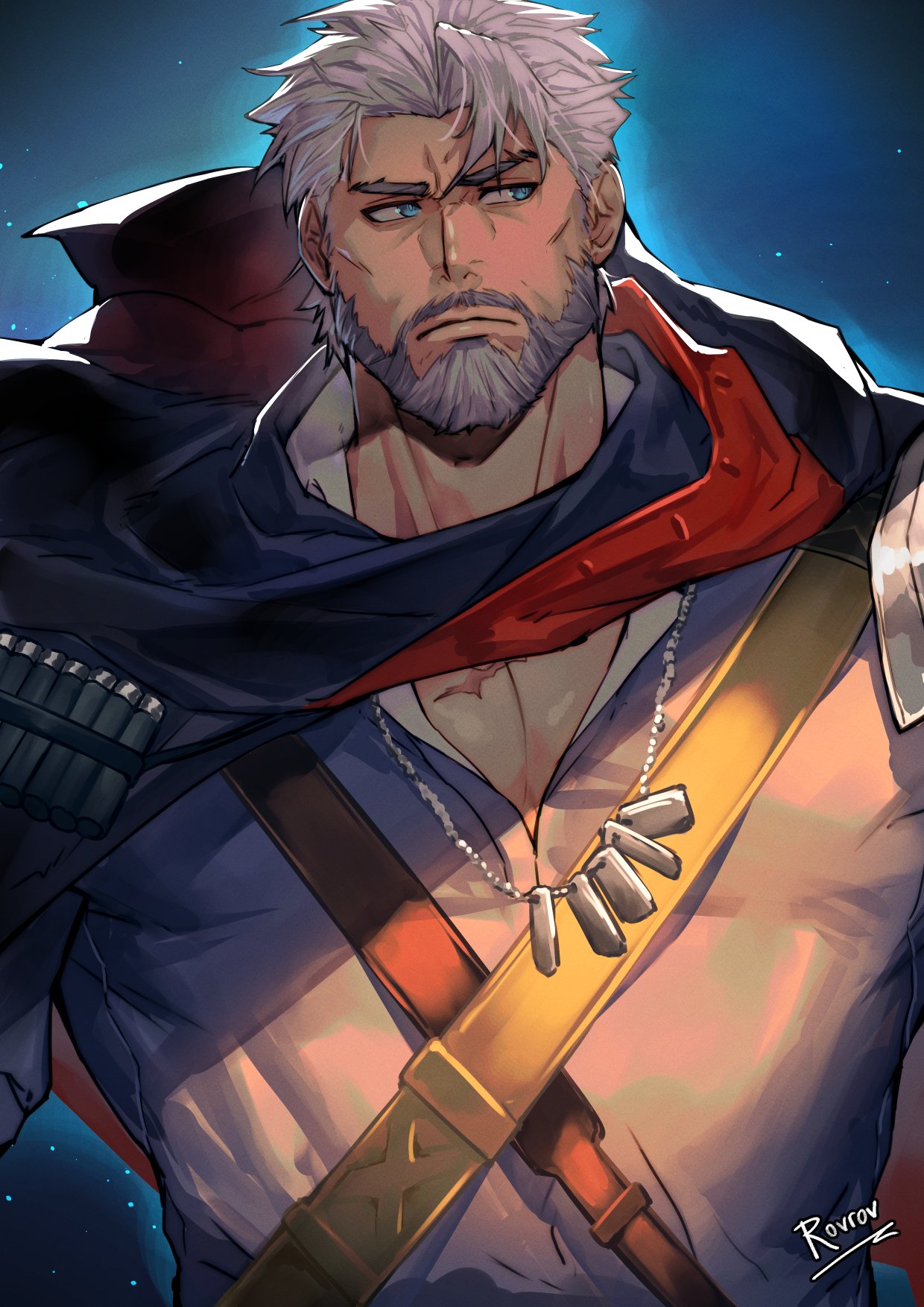 rovrov, igor (reverse:1999), highres, 1boy, beard, blue eyes, closed mouth, coat, facial hair, looking at viewer, male focus, mature male, mustache, old, old man, shirt, solo, white hair