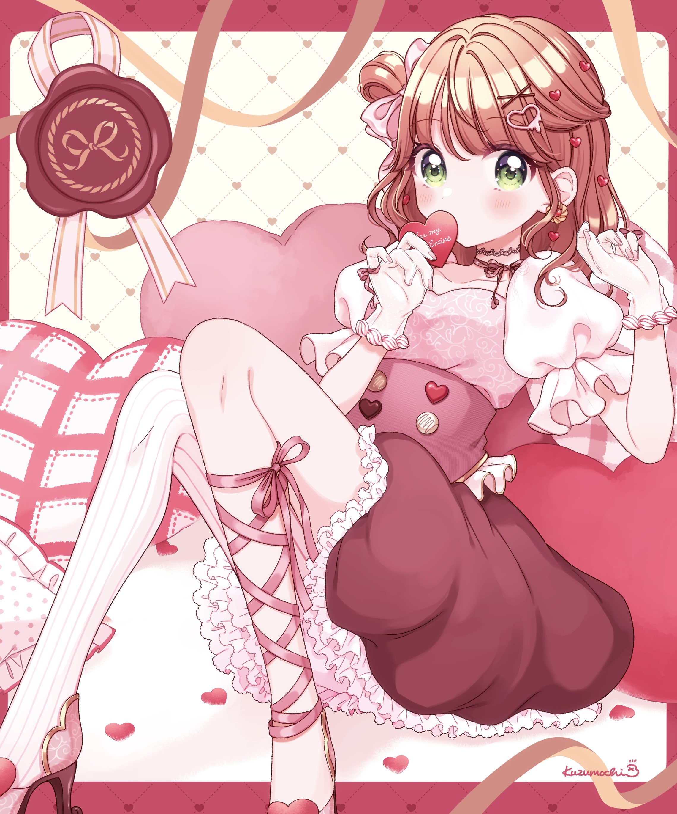 kuzumochi (hgnon82), original, absurdres, commentary, highres, symbol-only commentary, 1girl, ankle lace-up, blush, border, bow, brown hair, collarbone, feet out of frame, frilled skirt, frilled sleeves, frills, gloves, hair bow, hair ornament, hands up, heart, heart background, heart hair ornament, knees up, long hair, looking at viewer, one side up, outside border, pink bow, pink shirt, pink shoes, red border, red skirt, shirt, shoes, short sleeves, single thighhigh, skirt, solo, striped clothes, striped thighhighs, thighhighs, vertical-striped clothes, vertical-striped thighhighs, white gloves, white thighhighs, x hair ornament