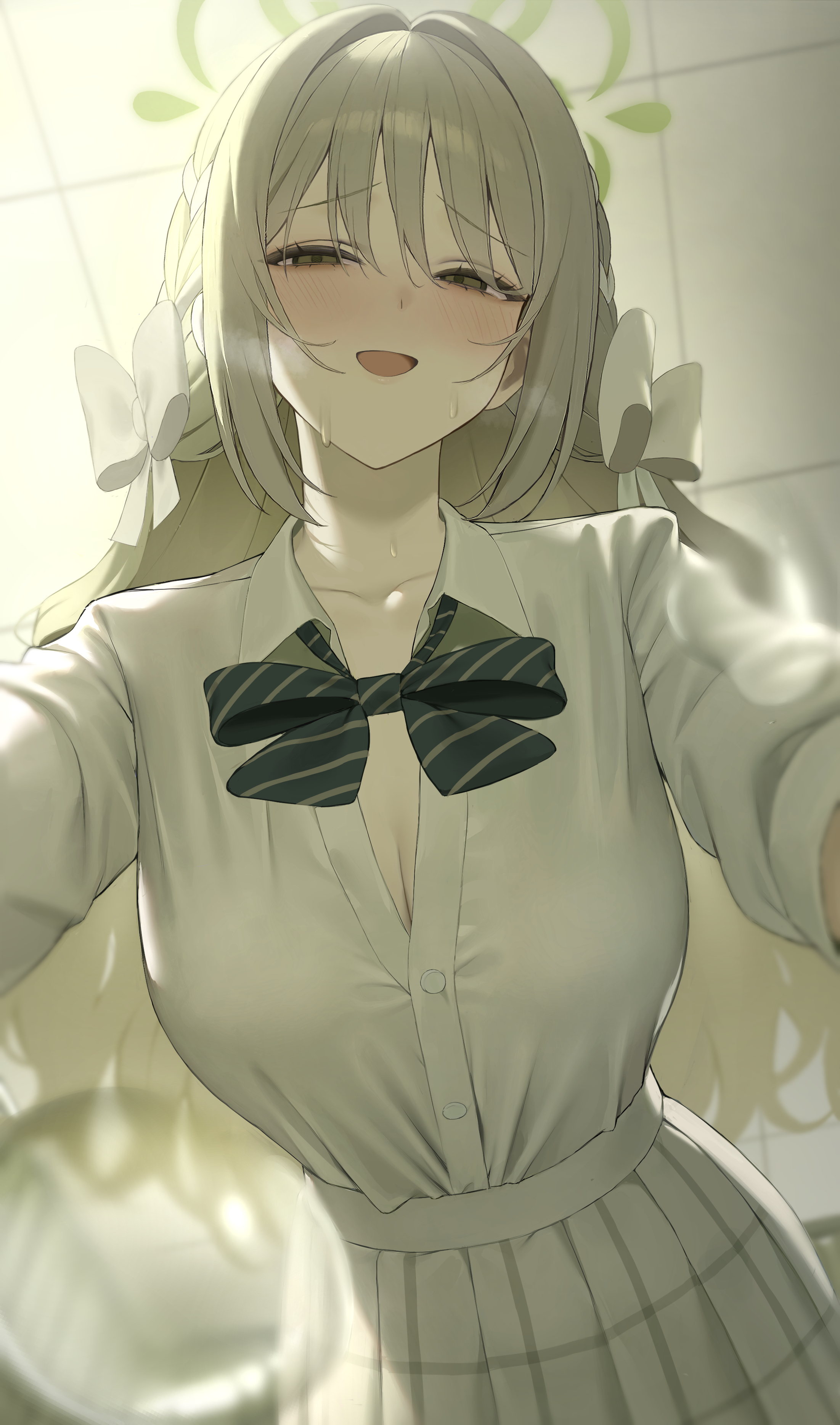 hibimaru, miyo (blue archive), blue archive, absurdres, commentary, highres, 1girl, black bow, black bowtie, blush, bow, bowtie, breasts, brown hair, collarbone, green eyes, green halo, halo, large breasts, long hair, looking at viewer, open mouth, shirt, smile, solo, striped bow, striped bowtie, striped clothes, white shirt