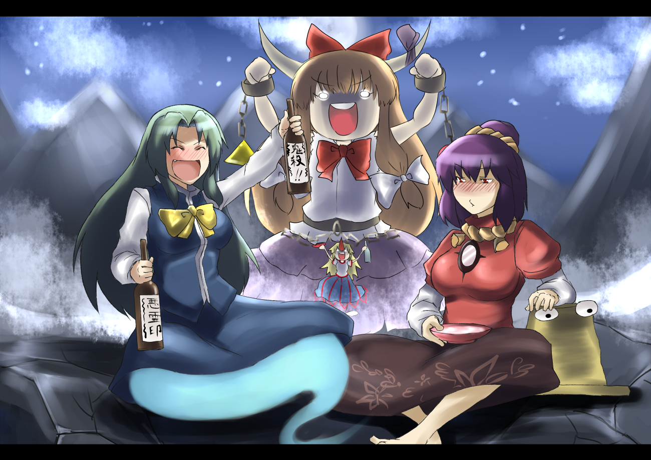 reon (pixiv), reon (saikyou), hoshiguma yuugi, ibuki suika, mima (touhou), pyonta, yasaka kanako, touhou, touhou (pc-98), 4girls, barefoot, blonde hair, blush, bottle, chain, closed eyes, drunk, female focus, giant, giantess, green hair, hat, horns, long hair, multiple girls, purple hair, red eyes, short hair, single horn