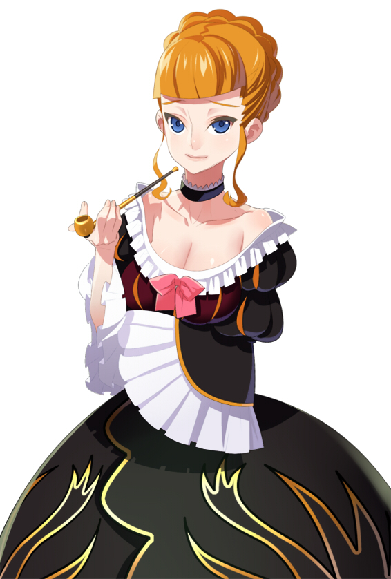 tensugi takashi, beatrice (umineko), umineko no naku koro ni, bad id, bad pixiv id, 00s, 1girl, blue eyes, bow, breasts, cleavage, dress, female focus, gown, kiseru, pink bow, simple background, smoking pipe, solo
