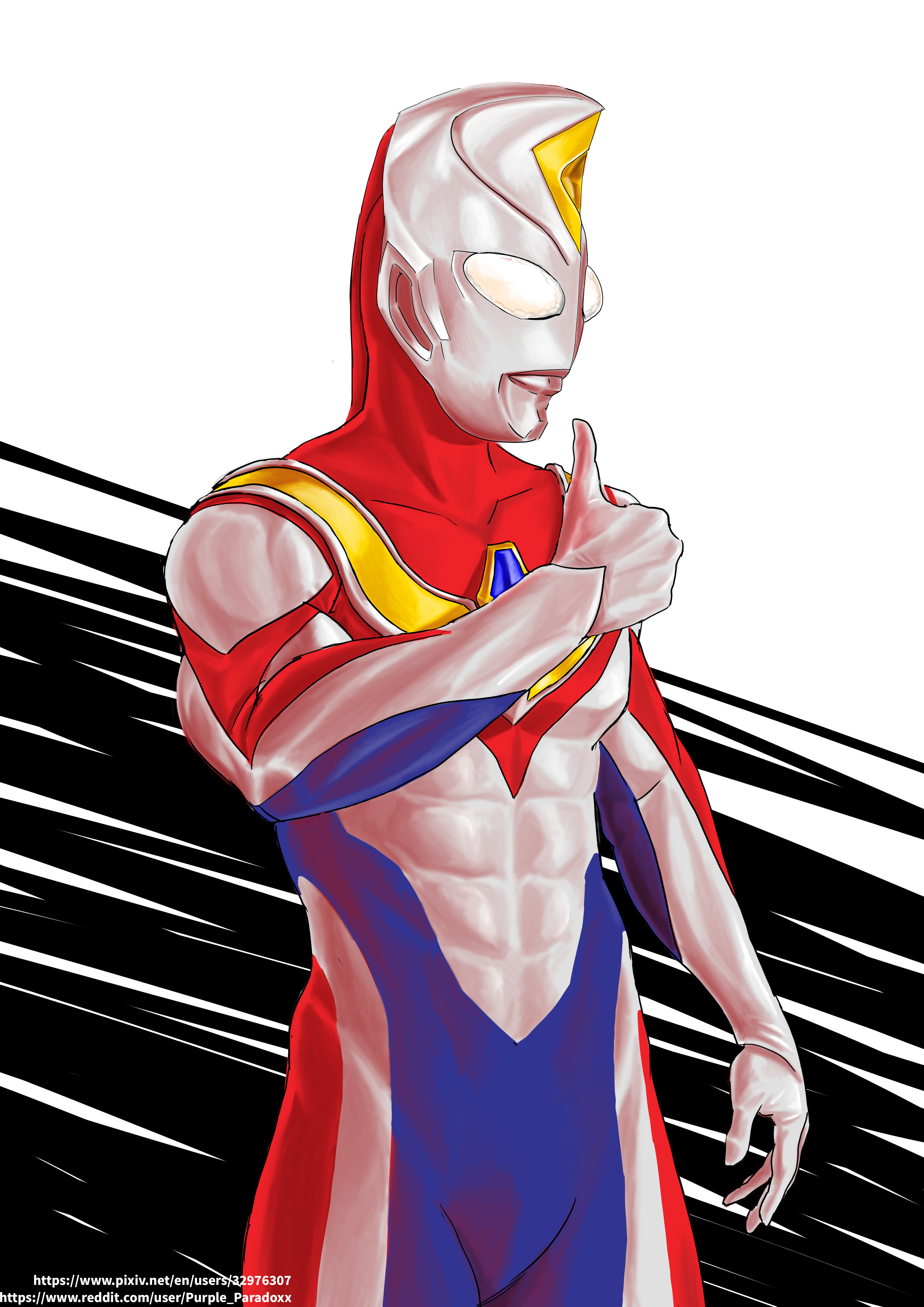 neo phantom, ultraman dyna, ultraman dyna (flash type), tokusatsu, ultra series, ultraman dyna (series), absurdres, commentary, highres, mixed-language commentary, 1boy, abs, alien, arm at side, armor, black background, blue skin, breastplate, collarbone, color timer, colored skin, compound eyes, cowboy shot, crystal, dorsal fin, forehead jewel, giant, giant male, glowing, glowing eyes, hand up, legs together, looking to the side, male focus, multicolored skin, no pupils, pectorals, pixiv username, red skin, reddit username, scribble background, silver skin, solo, standing, thumbs up, toned, toned male, two-tone background, white background, white eyes