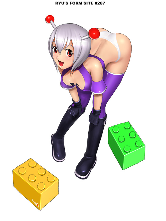 ryu (ryu's form site), 1girl, albino, bent over, black boots, boots, female focus, full body, gloves, grey hair, lego, mini person, minigirl, open mouth, panties, pinup (style), purple thighhighs, red eyes, shoes, short hair, solo, thighhighs, underwear, white panties