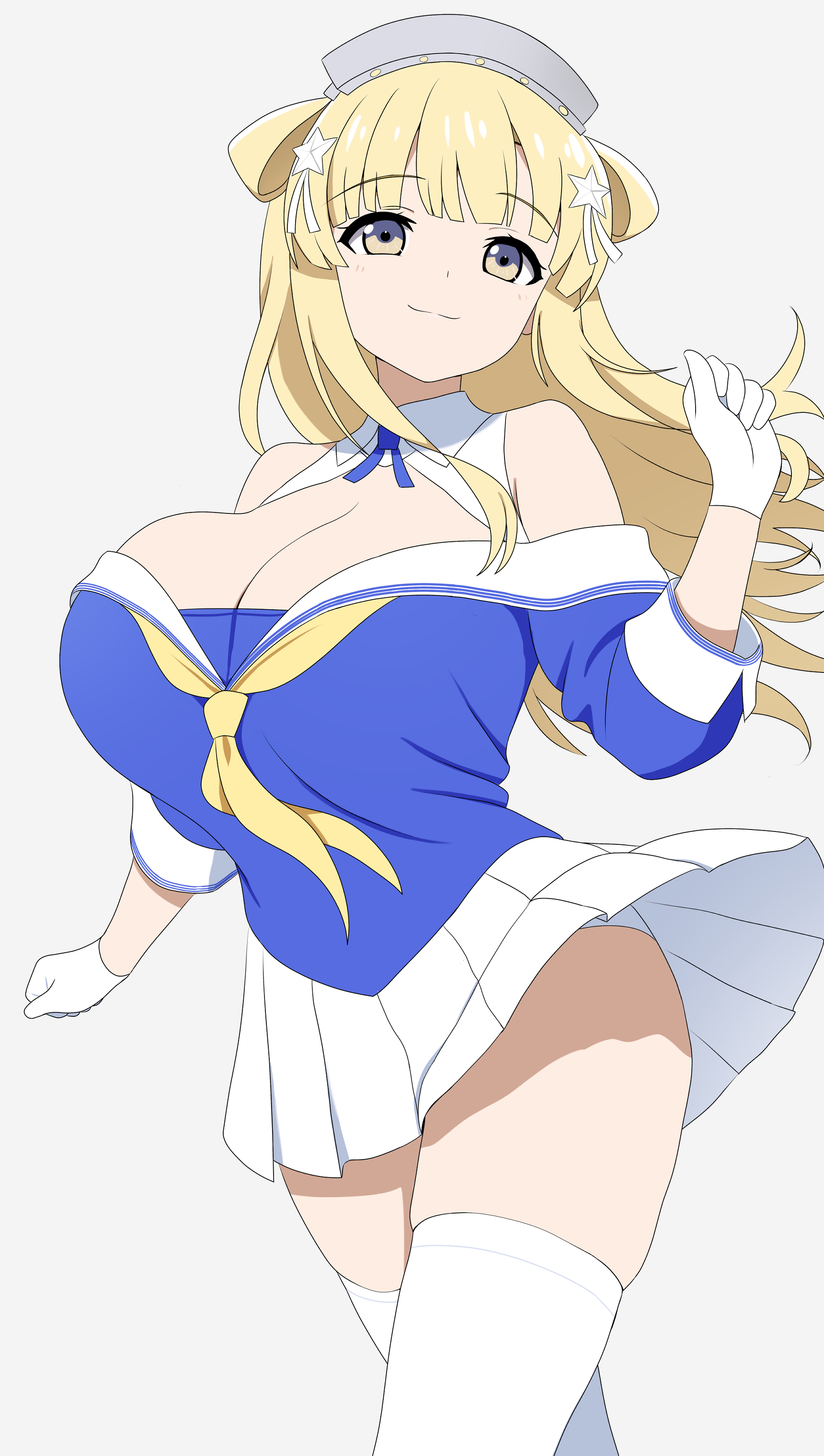 sumiboshi (zatsuha), fletcher (kancolle), fletcher kai (kancolle), kantai collection, absurdres, commentary request, highres, 1girl, blonde hair, blue shirt, breasts, cleavage, double bun, folded hair, gloves, hair bun, hair ornament, large breasts, long hair, looking at viewer, neckerchief, panties, sailor collar, shirt, simple background, skirt, smile, solo, star (symbol), star hair ornament, thighhighs, underwear, white background, white gloves, white panties, white sailor collar, white skirt, white thighhighs, yellow eyes, yellow neckerchief