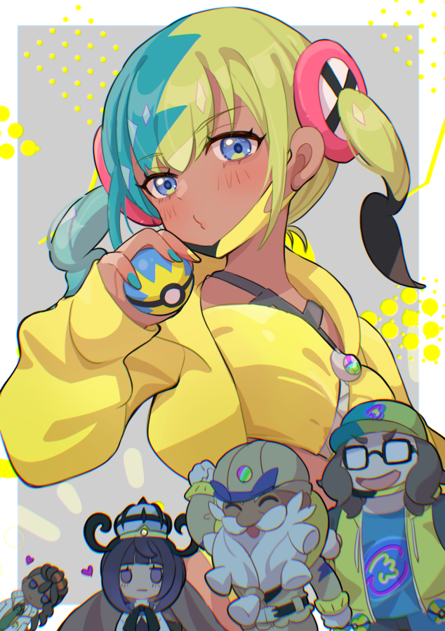 mizuiro123, canari (pokemon), gwynn (pokemon), mani (pokemon), naveen (pokemon), tarragon (pokemon), nintendo, pokemon, pokemon legends: z-a, commentary request, 2girls, 3boys, aqua hair, bandeau, beard, black dress, black hair, black mask, blonde hair, blue eyes, blue shirt, blunt bangs, blush, breasts, brown hair, brown helmet, closed eyes, closed mouth, coat, collared shirt, criss-cross straps, dark-skinned female, dark-skinned male, dark skin, dress, facial hair, glasses, gloves, green necktie, hat, heart, helmet, holding, holding poke ball, jacket, long hair, long sleeves, mask, mask pull, mega stone, mouth mask, multicolored hair, multicolored nails, multiple boys, multiple girls, necktie, old, old man, open clothes, open jacket, open mouth, poke ball, purple eyes, purple hair, quick ball, shirt, short hair, short twintails, smile, split-color hair, sports bra, twintails, two-tone hair, two-tone mask, vest, white coat, white gloves, white jacket, yellow bandeau, yellow jacket, yellow mask, yellow sports bra, yellow vest