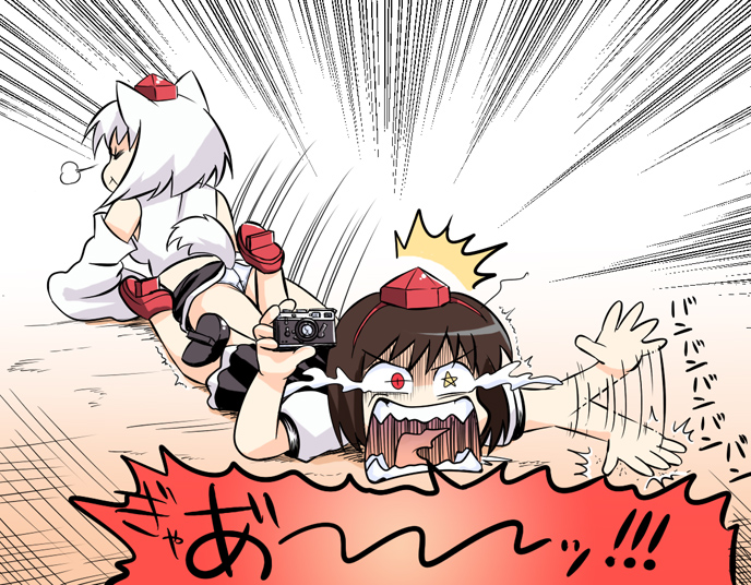 takadoya, inubashiri momiji, shameimaru aya, touhou, 2girls, :<, ass, camera, chibi, female focus, geta, hat, leg wrestling, lying, multiple girls, on stomach, open mouth, panties, pantyshot, screaming, submission, submission hold, tears, tengu-geta, tokin hat, underwear, wrestling