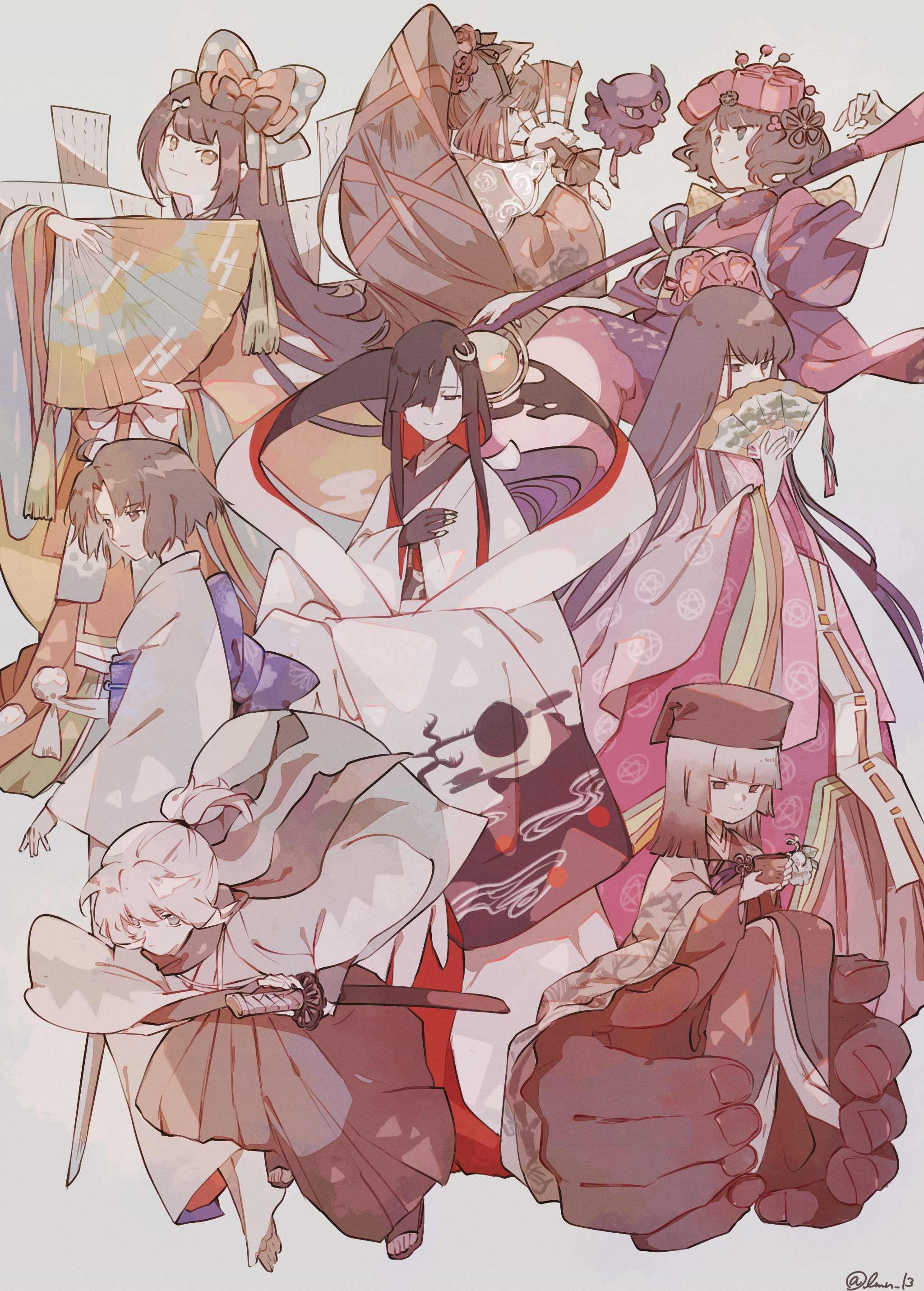 katsushika hokusai (fate), kyokutei bakin (fate), miss crane (fate), miss crane (third ascension) (fate), murasaki shikibu (fate), murasaki shikibu (third ascension) (fate), okita souji (fate), sei shounagon (fate), sei shounagon (third ascension) (fate), sen no rikyu (fate), sen no rikyu (second ascension) (fate), toto-sama (fate), fate/grand order, fate (series), absurdres, commentary request, highres, 6+girls, ahoge, animal ears, bow, colored inner hair, cup, dog ears, folding fan, giant brush, hagoromo, hair bow, hair over one eye, hand fan, haori, hat, japanese clothes, katana, kimono, long hair, multicolored hair, multiple girls, okita souji (teal haori and hakama) (fate), paper, ponytail, shawl, short ponytail, sword, user kpgg2357, very long hair, void shiki, weapon, wide sleeves, yunomi