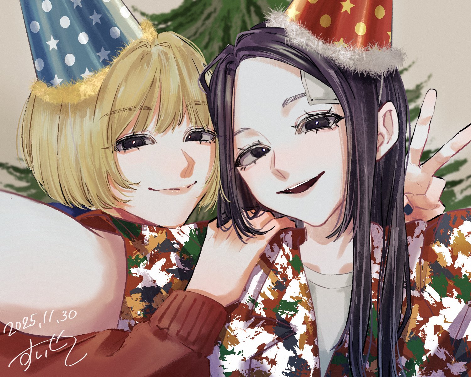 fukagawa mahiro, sugimoto chisato, baby walkure, commentary request, highres, 2girls, black eyes, black hair, blonde hair, christmas tree, closed mouth, dated, hat, long hair, long sleeves, multiple girls, open mouth, party hat, red sweater, short hair, smile, sweater, tosots miroku, upper body, v