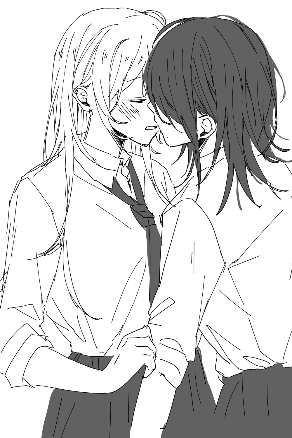 strawberry (akira-love), original, commentary request, highres, 2girls, closed eyes, collared shirt, facing another, greyscale, imminent kiss, long hair, long sleeves, loose necktie, monochrome, multiple girls, necktie, school uniform, shirt, sketch, skirt, yuri