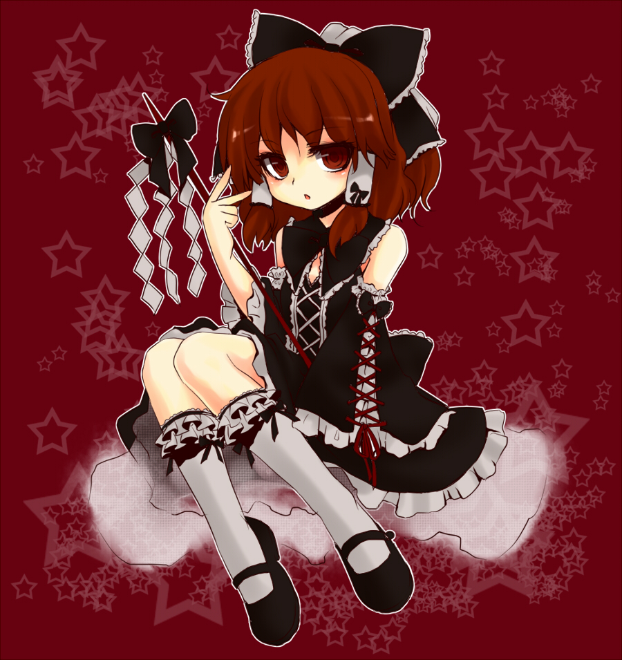 niji (nijioki), hakurei reimu, touhou, 1girl, bow, brown eyes, brown hair, detached sleeves, dress, female focus, frills, full body, gohei, gothic lolita, hair bow, japanese clothes, lolita fashion, mary janes, miko, oonusa, shoes, short hair, solo
