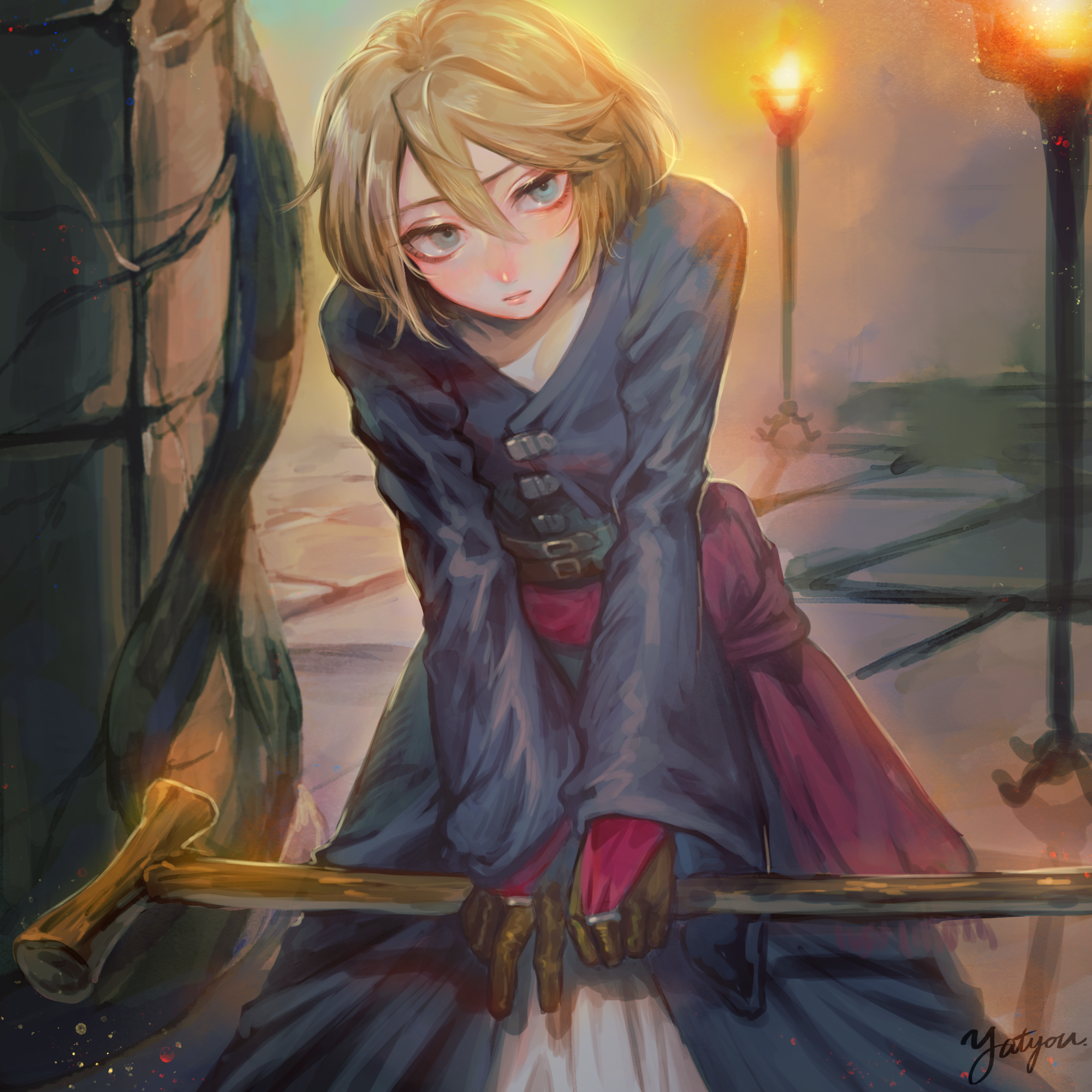 yatyou6666, auch (unicorn overlord), unicorn overlord, commentary request, highres, 1boy, bishounen, black robe, blonde hair, blue eyes, blush, closed mouth, eyelashes, fire, gloves, hair between eyes, holding, holding staff, holding weapon, leaning forward, light particles, long sleeves, looking at viewer, male focus, pillar, pink lips, robe, short hair, signature, solo, staff, weapon, wooden staff