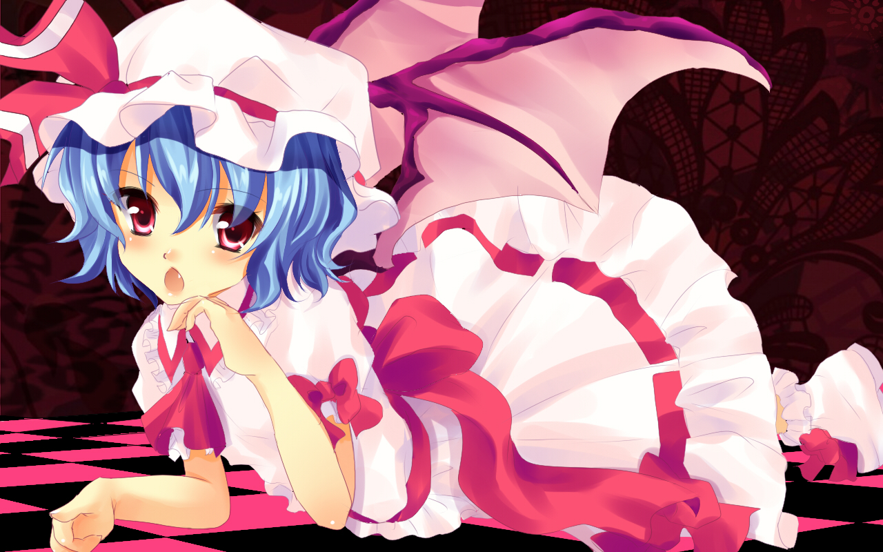 yuri (purinlove), remilia scarlet, touhou, 1girl, bat wings, blue hair, female focus, hat, red eyes, short hair, solo, wings